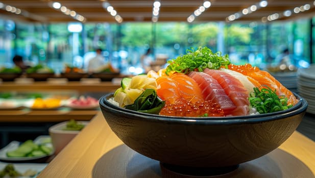 Fresh sashimi platter in wooden bowl on restaurant table