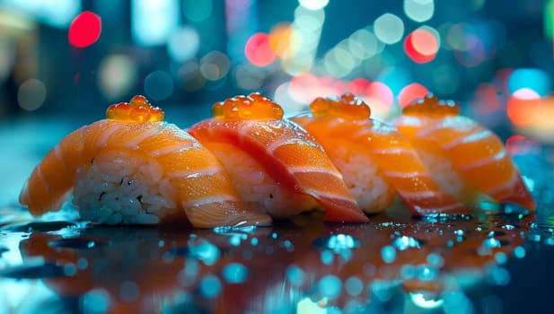 Salmon Sushi Rolls on Reflective Black Surface