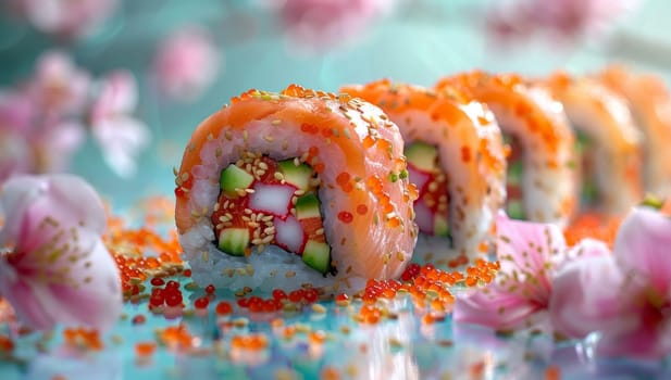 Close up view of sushi rolls adorned with red caviar and sakura flowers