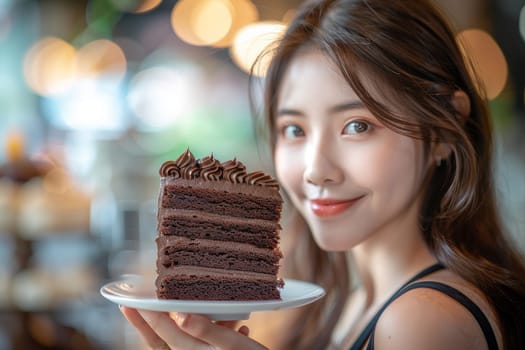 Asian woman enjoying delicious chocolate cake