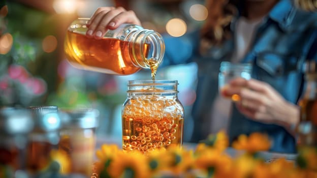 Woman Pouring Honey Surrounded by Vibrant Flowers
