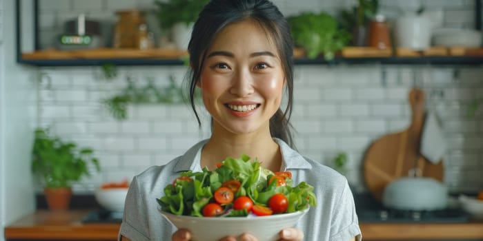 Young Asian Woman Enjoying Fresh Salad in Modern Kitchen