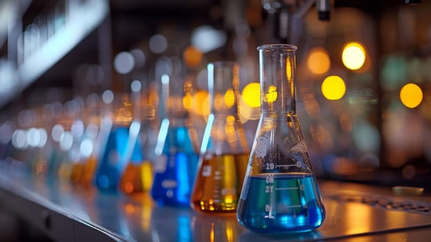 Laboratory glassware with colorful liquid on the background of the lamps