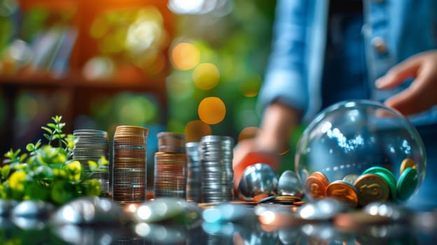 Coins and glass globe on blurred background. Saving money concept.
