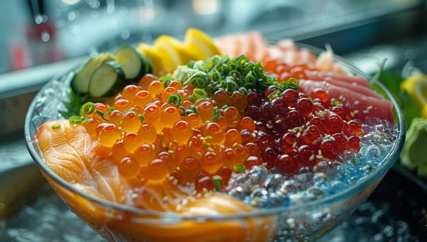 Vibrant Sashimi Set with Salmon Roe in Glass Bowl