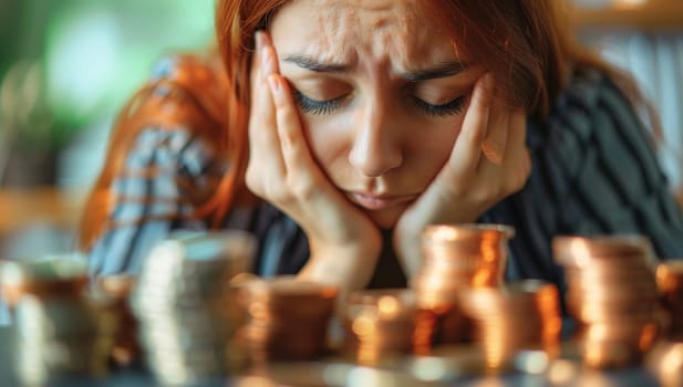 Closeup portrait of stressed young woman looking at stacks of coins.
