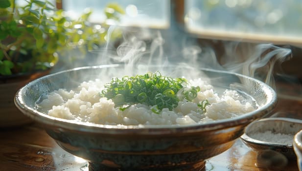 Cooking rice in a bowl with fresh herbs on a wooden table