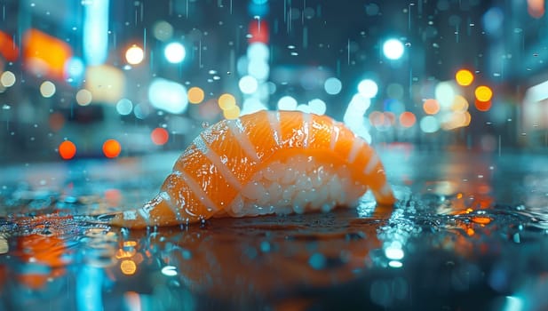sushi on the wet street in the rain