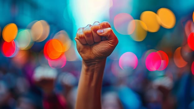Fist raised up in the air with bokeh background.