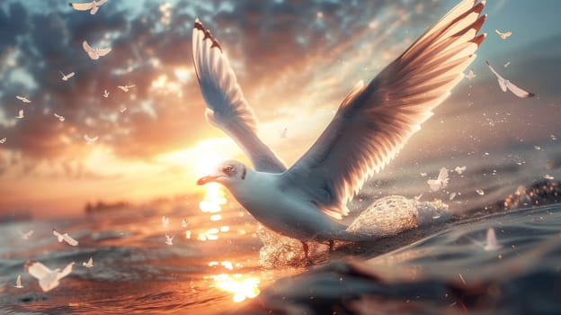 Seagull Soaring Over Ocean Waves During Golden Sunset