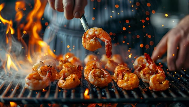 Chef Grilling Seasoned Shrimps on Flaming Barbecue