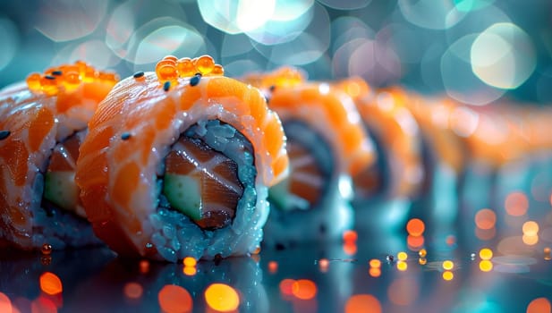 Sushi roll topped with salmon and roe on a vibrant blue backdrop