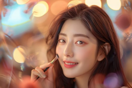 Asian woman skillfully applies makeup