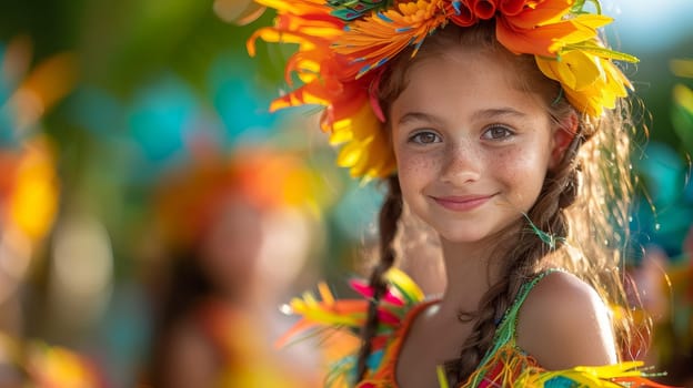 Cheerful Girl with Floral Wreath at Carnival