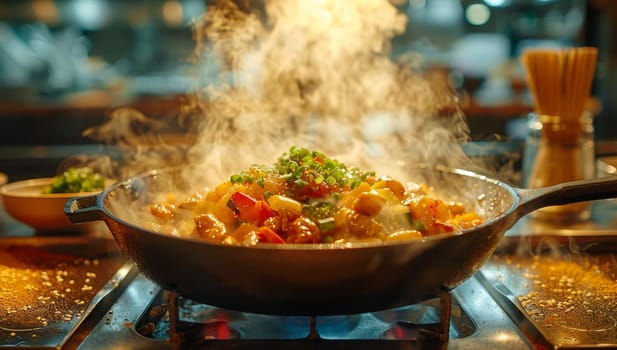 Close up of Sizzling Wok with Fresh Vegetables in Restaurant Kitchen