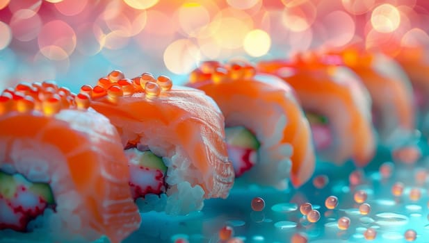 Fresh Sushi Rolls with Salmon and Caviar on Vibrant Blue