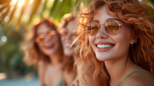 Group of young beautiful women in sunglasses on the background of palm trees