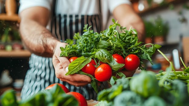Man holding fresh tomatoes and basil in kitchen