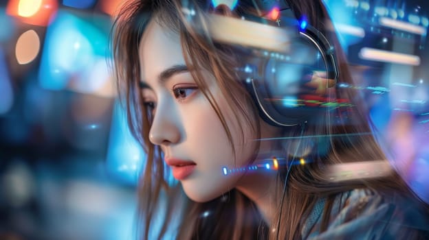 Asian Woman Interacting with Futuristic Digital Interface