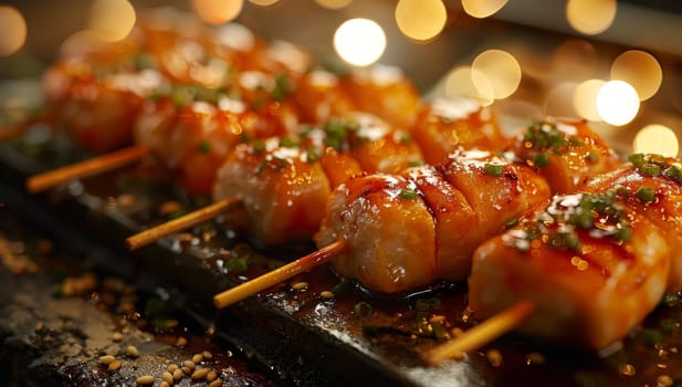 Grilled Salmon Skewers Garnished on Wooden Table