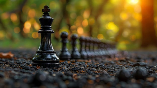 Black chess pieces on the ground in the forest.