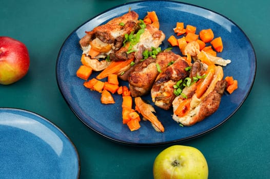 Rolled meat stuffed with apples and sweet potatoes. Space for text.