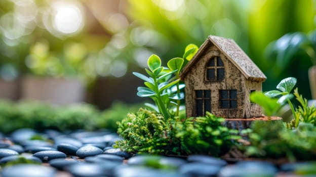 Miniature eco friendly house amidst green plants on stone ground