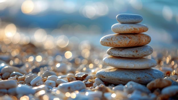 Zen Stones Balanced on Seashore in Sunlight