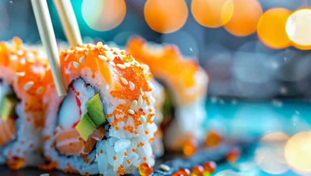 Close up of delicious sushi roll garnished with sesame seeds