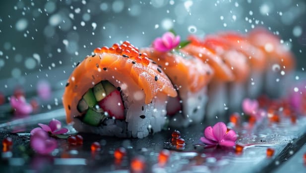 Exquisite Sushi Roll with Salmon Caviar Avocado and Cucumber