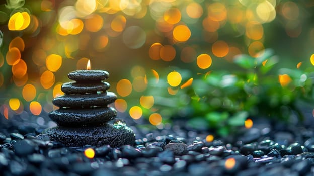 Spa stones and candle on black stones with bokeh background