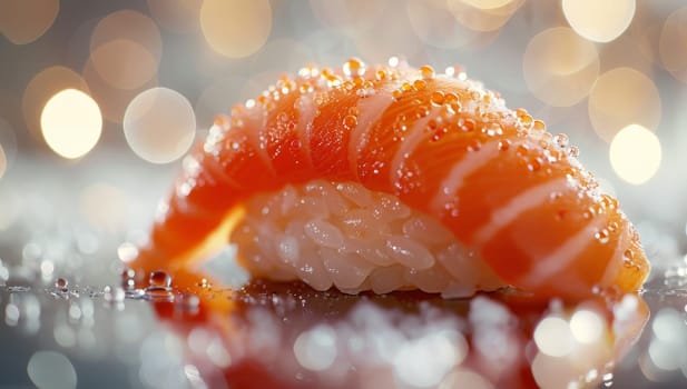 Salmon sushi with rice on bokeh background, Japanese food