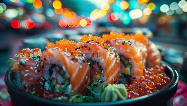 Sushi roll with salmon, shrimp, avocado, cucumber, roe and mayonnaise.