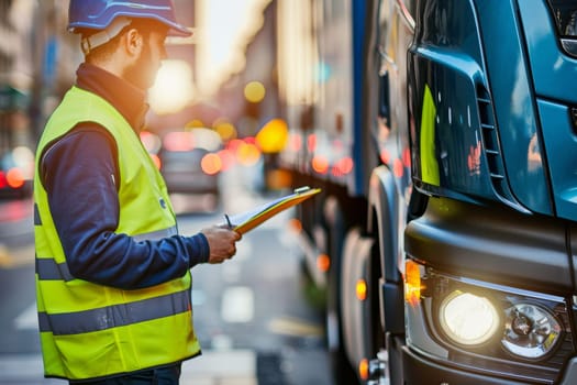 Professional man inspecting truck in city during evening