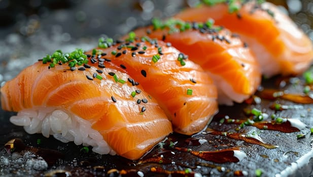 Salmon Nigiri Sushi Garnished with Sesame and Chives on Dark Surface