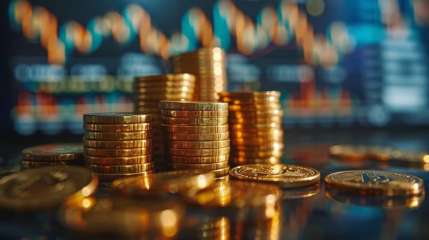 Gold coin stacks with trading graph and candlestick chart