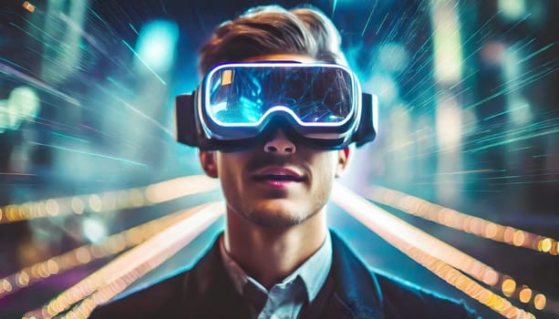 A person is lost in a digital world, their face obscured by the sleek goggles, as they explore the endless possibilities of virtual clothing