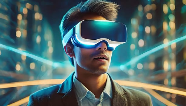 A person is lost in a digital world, their face obscured by the sleek goggles, as they explore the endless possibilities of virtual clothing