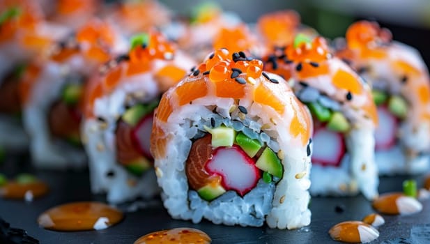 Close up View of Delicious Sushi Rolls with Salmon and Avocado