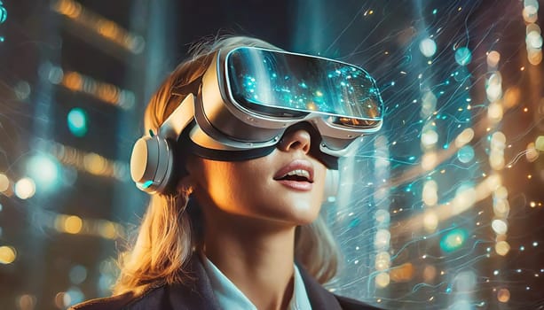 A person is lost in a digital world, their face obscured by the sleek goggles, as they explore the endless possibilities of virtual clothing