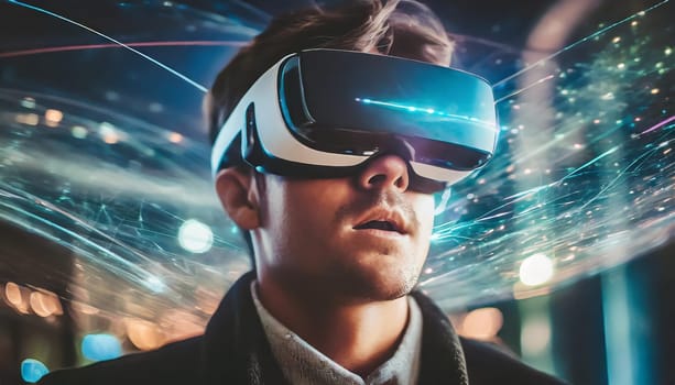 A person is lost in a digital world, their face obscured by the sleek goggles, as they explore the endless possibilities of virtual clothing