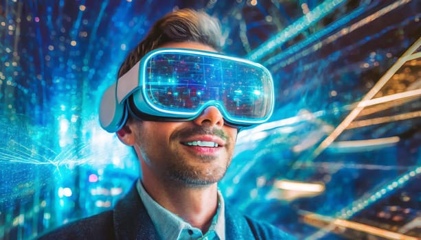 A person is lost in a digital world, their face obscured by the sleek goggles, as they explore the endless possibilities of virtual clothing