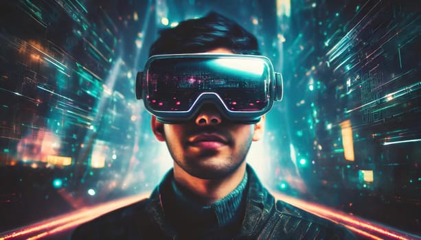 A person getting experience using VR-headset glasses. Digital future and innovation. Visual reality concept. One with glasses of virtual reality. Happy using VR headset. This is cool