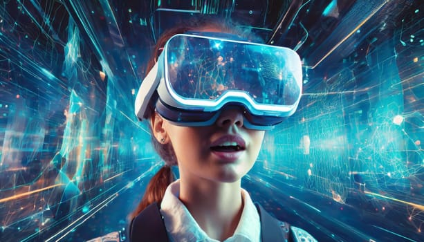 A person getting experience using VR-headset glasses. Digital future and innovation. Visual reality concept. One with glasses of virtual reality. Happy using VR headset. This is cool