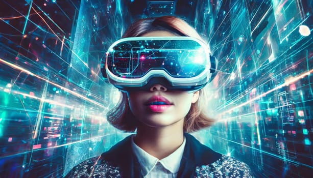 A person getting experience using VR-headset glasses. Digital future and innovation. Visual reality concept. One with glasses of virtual reality. Happy using VR headset. This is cool