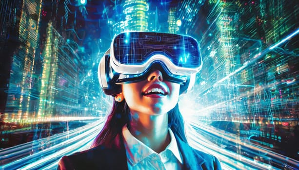 A person is lost in a digital world, their face obscured by the sleek goggles, as they explore the endless possibilities of virtual clothing