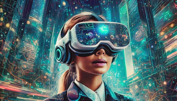 A person is lost in a digital world, their face obscured by the sleek goggles, as they explore the endless possibilities of virtual clothing
