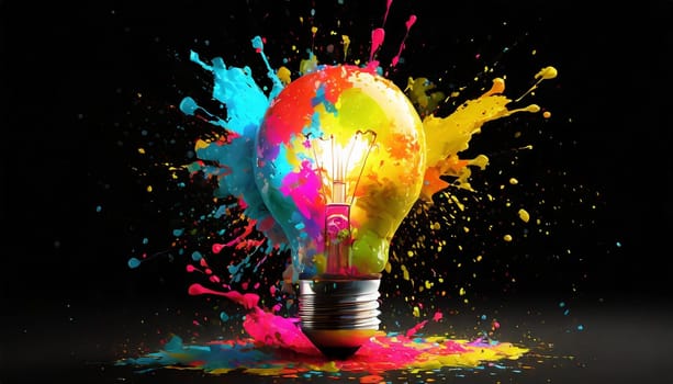 Creative light bulb explodes with colorful paint and splashes on a black background. Think differently creative idea concept