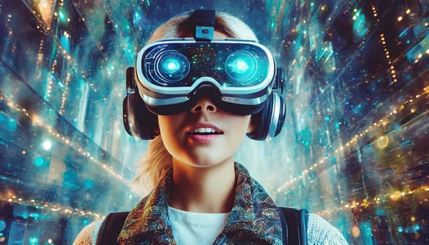A person is lost in a digital world, their face obscured by the sleek goggles, as they explore the endless possibilities of virtual clothing
