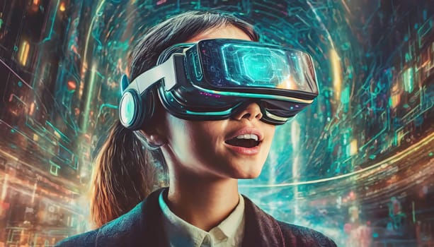 A person is lost in a digital world, their face obscured by the sleek goggles, as they explore the endless possibilities of virtual clothing
